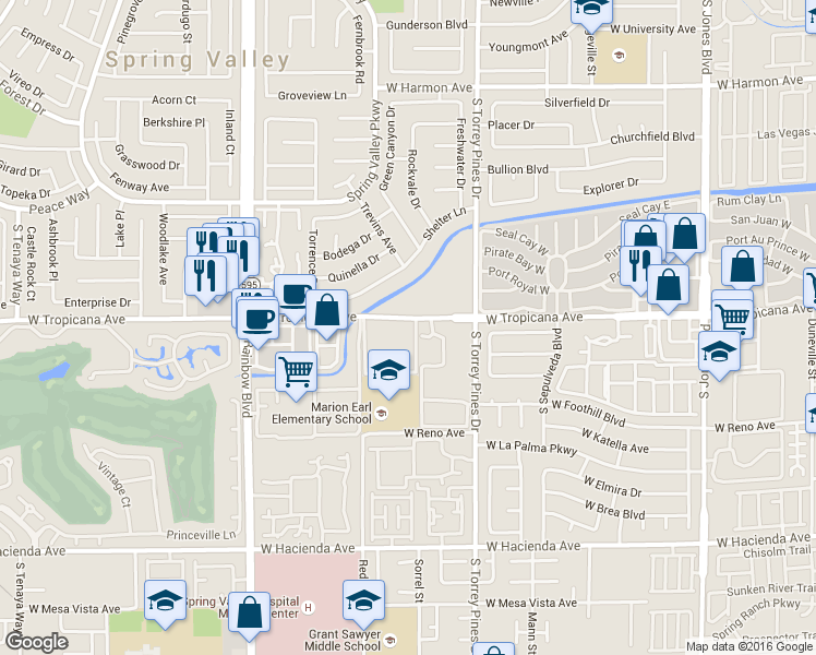 map of restaurants, bars, coffee shops, grocery stores, and more near 6575 West Tropicana Avenue in Las Vegas