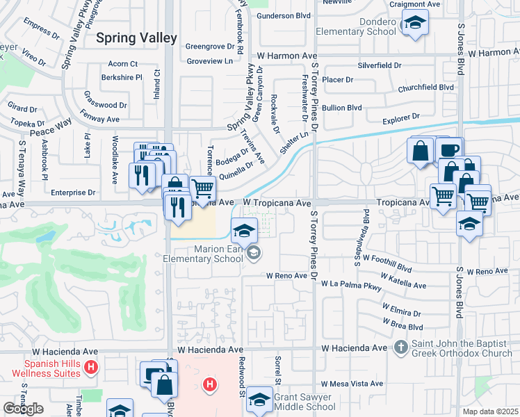 map of restaurants, bars, coffee shops, grocery stores, and more near 6647 West Tropicana Avenue in Las Vegas