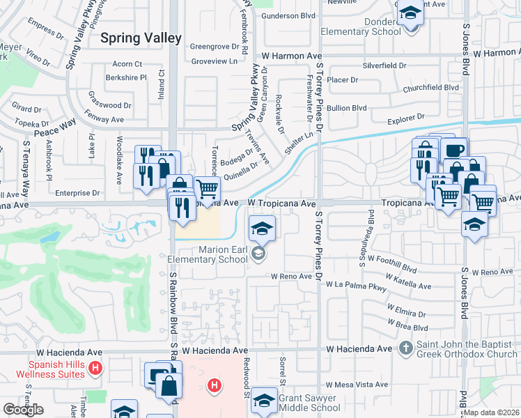 map of restaurants, bars, coffee shops, grocery stores, and more near 6647 West Tropicana Avenue in Las Vegas