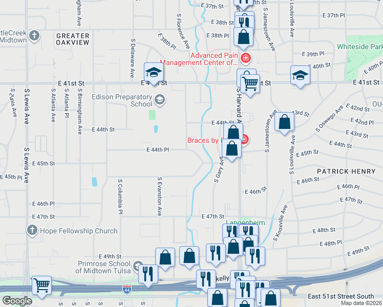 map of restaurants, bars, coffee shops, grocery stores, and more near 2956 East 44th Place in Tulsa