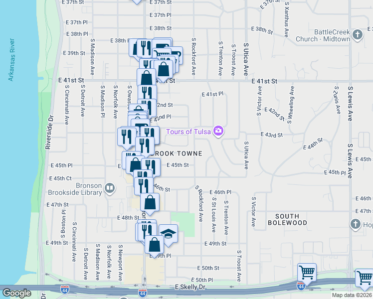 map of restaurants, bars, coffee shops, grocery stores, and more near 1394 East 44th Street in Tulsa
