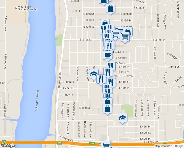 map of restaurants, bars, coffee shops, grocery stores, and more near 4351 South Madison Place in Tulsa