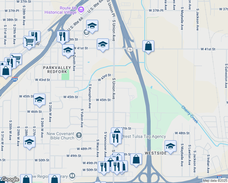 map of restaurants, bars, coffee shops, grocery stores, and more near 4428 South Union Avenue in Tulsa