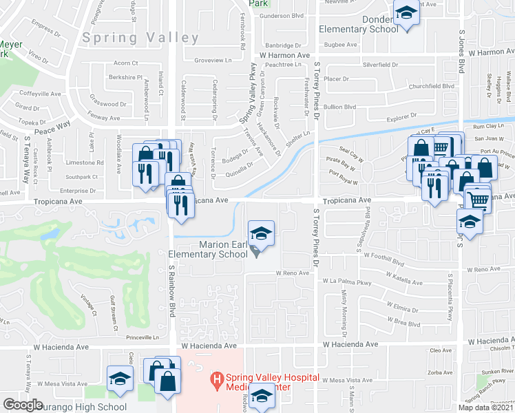 map of restaurants, bars, coffee shops, grocery stores, and more near 6619 West Tropicana Avenue in Las Vegas