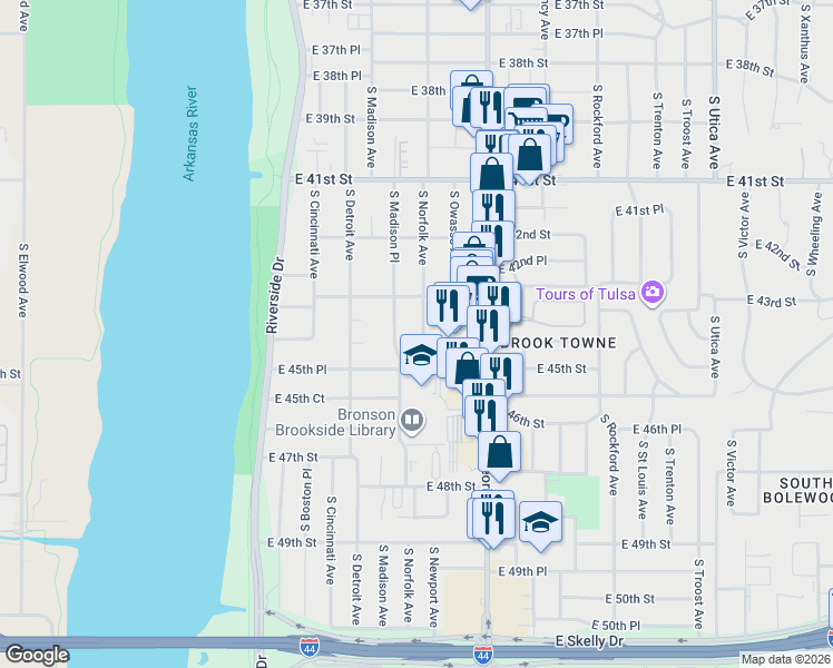 map of restaurants, bars, coffee shops, grocery stores, and more near 4351 South Madison Place in Tulsa