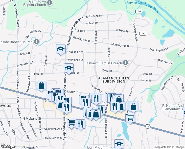 map of restaurants, bars, coffee shops, grocery stores, and more near 2019 Tryon Street in Burlington