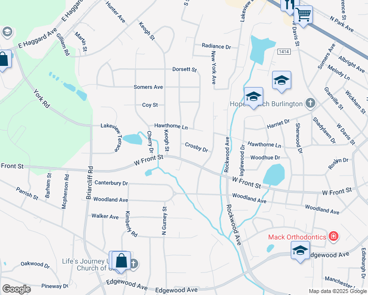 map of restaurants, bars, coffee shops, grocery stores, and more near 2136 Crosby Drive in Burlington