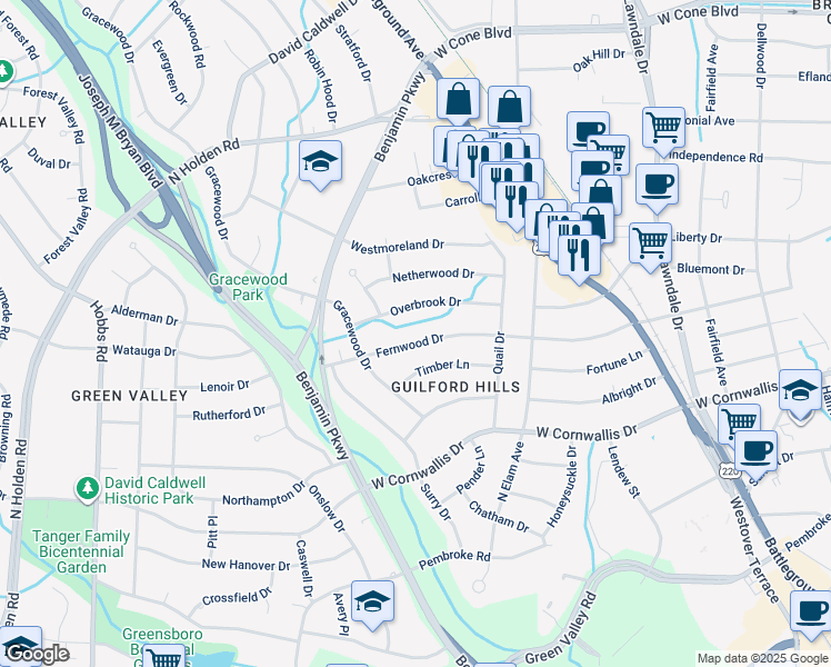 map of restaurants, bars, coffee shops, grocery stores, and more near 2524 Fernwood Drive in Greensboro