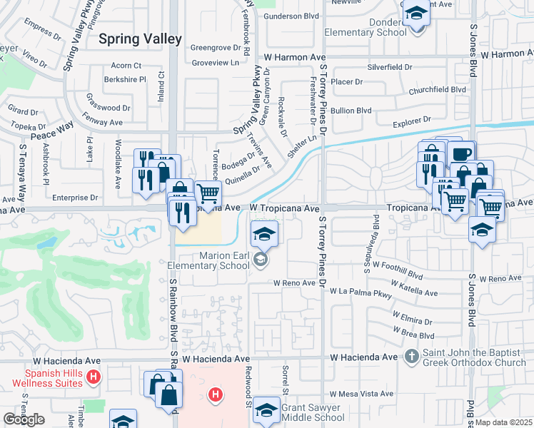 map of restaurants, bars, coffee shops, grocery stores, and more near 6617 West Tropicana Avenue in Las Vegas