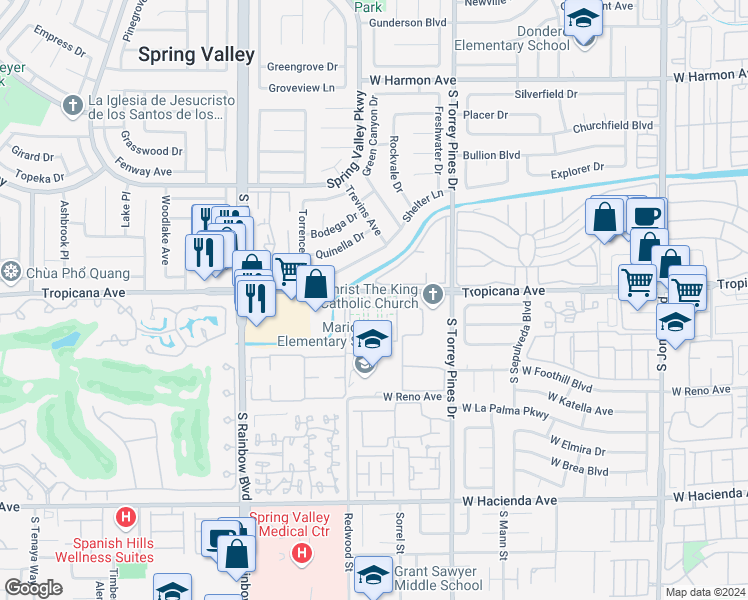 map of restaurants, bars, coffee shops, grocery stores, and more near 6617 West Tropicana Avenue in Las Vegas
