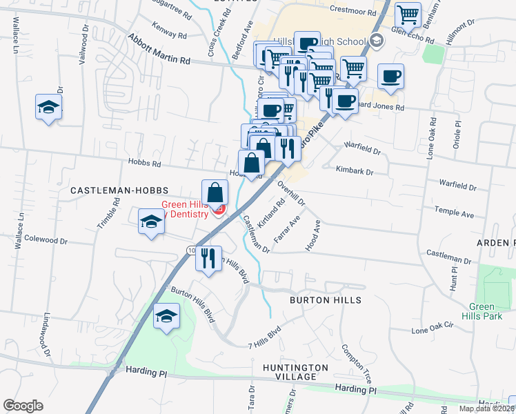 map of restaurants, bars, coffee shops, grocery stores, and more near 4210 Hillsboro Pike in Nashville