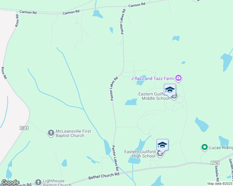 map of restaurants, bars, coffee shops, grocery stores, and more near 164 Painter Lakes Road in Gibsonville