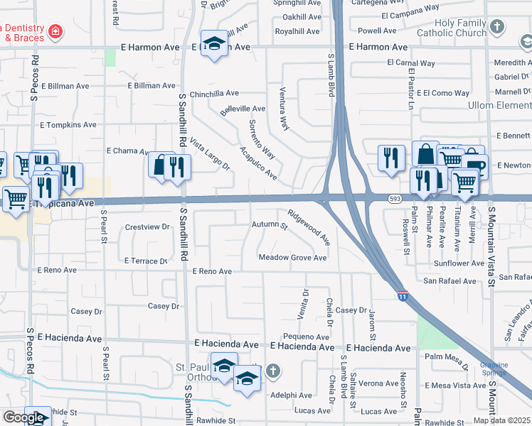 map of restaurants, bars, coffee shops, grocery stores, and more near 4015 Ridgewood Avenue in Las Vegas