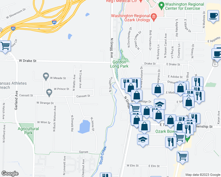 map of restaurants, bars, coffee shops, grocery stores, and more near 2501 North Quality Lane in Fayetteville
