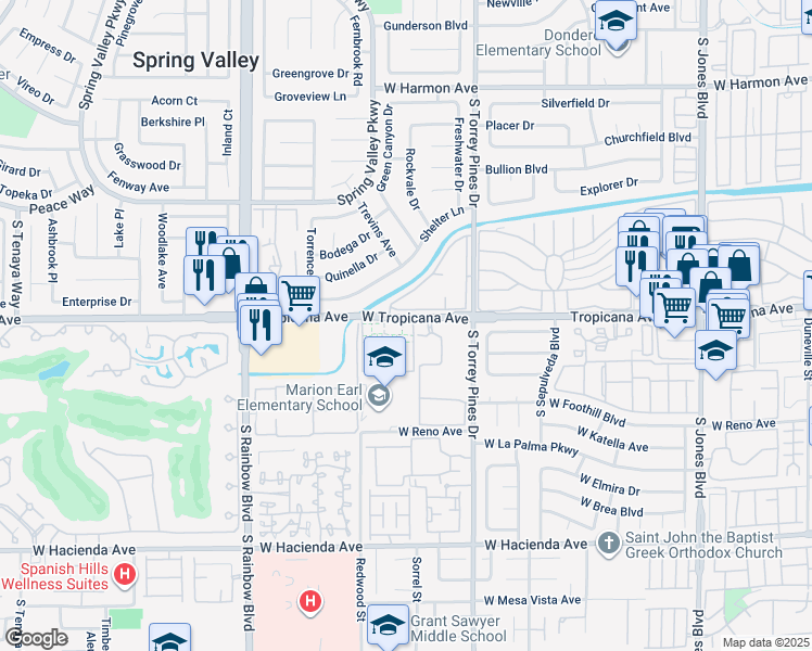 map of restaurants, bars, coffee shops, grocery stores, and more near 6611 West Tropicana Avenue in Las Vegas