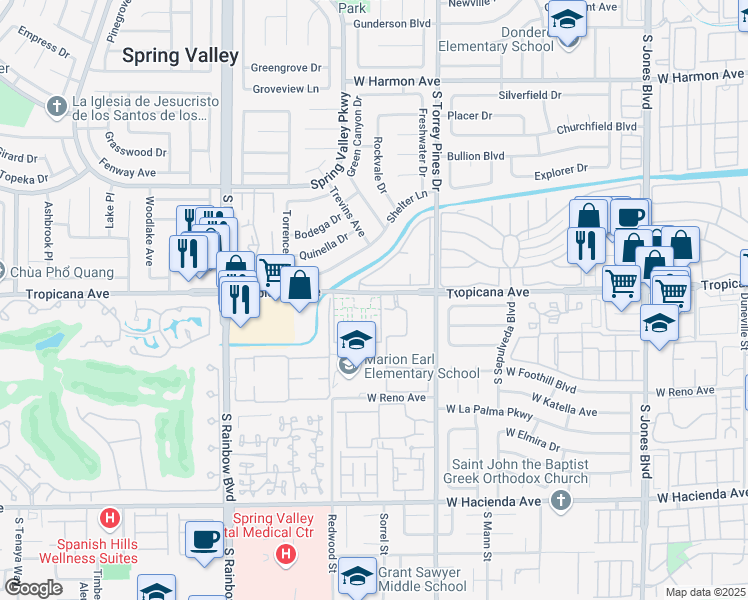 map of restaurants, bars, coffee shops, grocery stores, and more near 6611 West Tropicana Avenue in Las Vegas