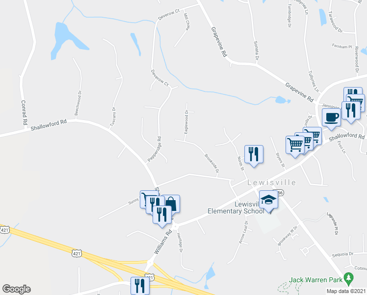 map of restaurants, bars, coffee shops, grocery stores, and more near 298 Brookside Drive in Lewisville