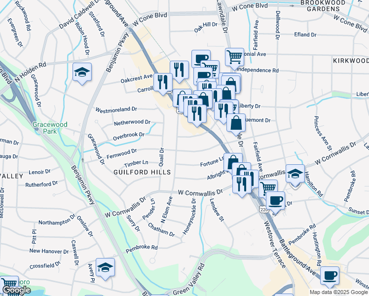 map of restaurants, bars, coffee shops, grocery stores, and more near 2322 Fernwood Drive in Greensboro