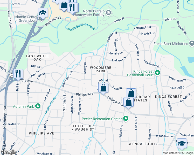 map of restaurants, bars, coffee shops, grocery stores, and more near 1905 Drexel Road in Greensboro