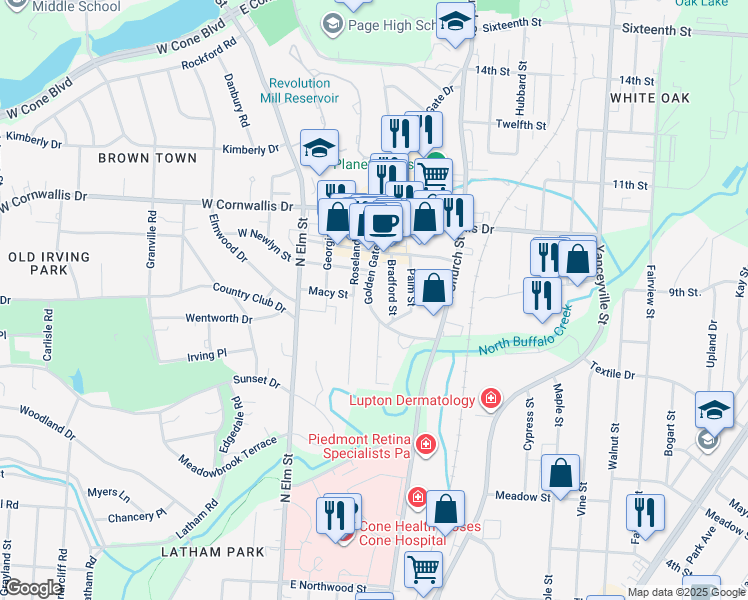 map of restaurants, bars, coffee shops, grocery stores, and more near 1914 Golden Gate Drive in Greensboro