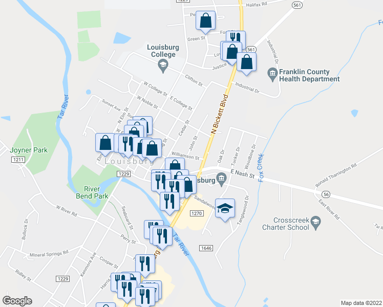 map of restaurants, bars, coffee shops, grocery stores, and more near 203 Williamson Street in Louisburg