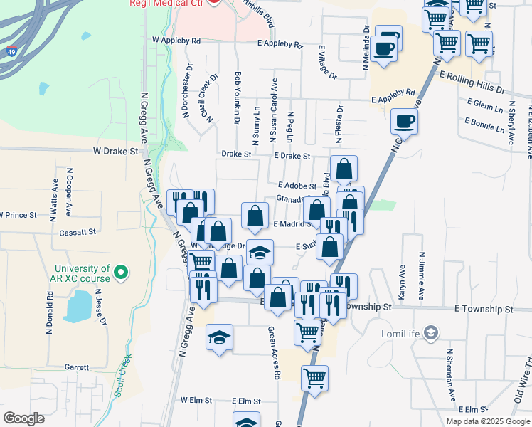 map of restaurants, bars, coffee shops, grocery stores, and more near 33 East Madrid Street in Fayetteville