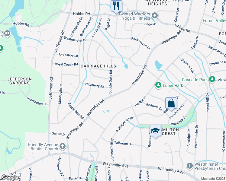 map of restaurants, bars, coffee shops, grocery stores, and more near 1102 Double Oaks Road in Greensboro