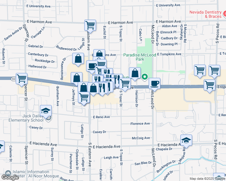 map of restaurants, bars, coffee shops, grocery stores, and more near 2477 E Tropicana Ave in Las Vegas