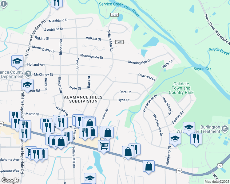 map of restaurants, bars, coffee shops, grocery stores, and more near 2514 Dare Street in Burlington