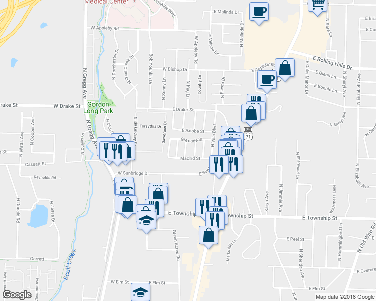 map of restaurants, bars, coffee shops, grocery stores, and more near 2646 North Miranda Street in Fayetteville