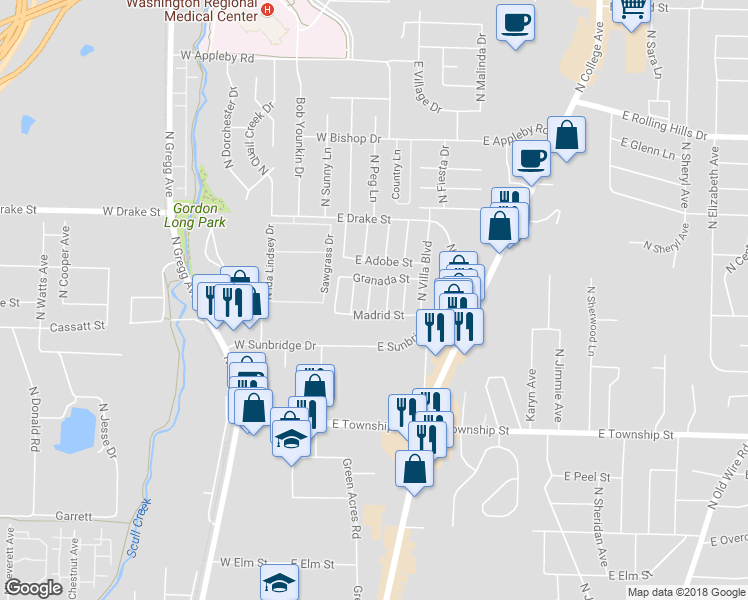 map of restaurants, bars, coffee shops, grocery stores, and more near 2646 Miranda Avenue in Fayetteville