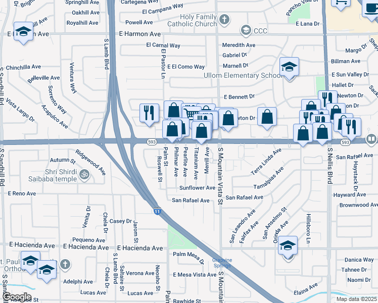map of restaurants, bars, coffee shops, grocery stores, and more near 4942 Pearlite Avenue in Las Vegas
