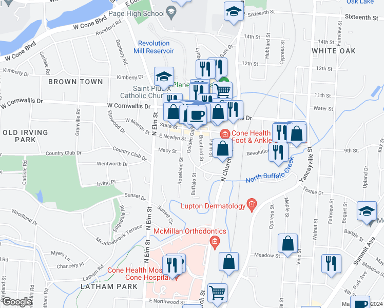 map of restaurants, bars, coffee shops, grocery stores, and more near 1914 Golden Gate Drive in Greensboro