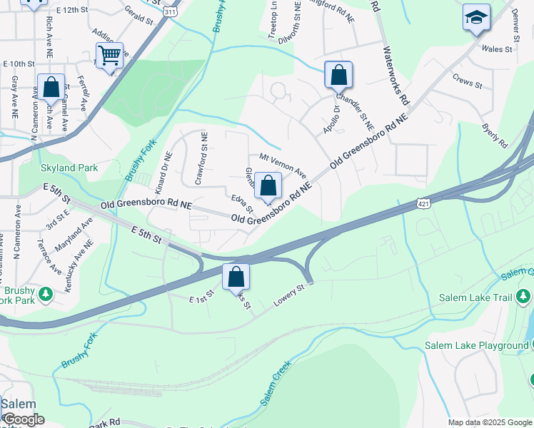 map of restaurants, bars, coffee shops, grocery stores, and more near 2710 Old Greensboro Road in Winston-Salem