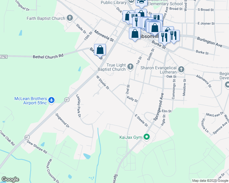 map of restaurants, bars, coffee shops, grocery stores, and more near 222 West Steele Street in Gibsonville