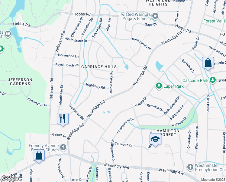 map of restaurants, bars, coffee shops, grocery stores, and more near 1102 Double Oaks Road in Greensboro