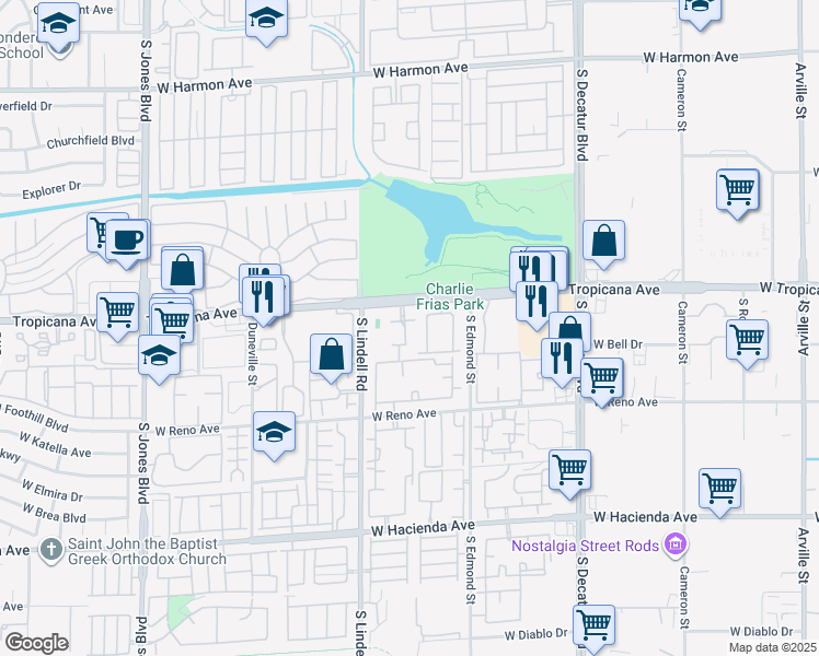map of restaurants, bars, coffee shops, grocery stores, and more near 5419 West Tropicana Avenue in Las Vegas