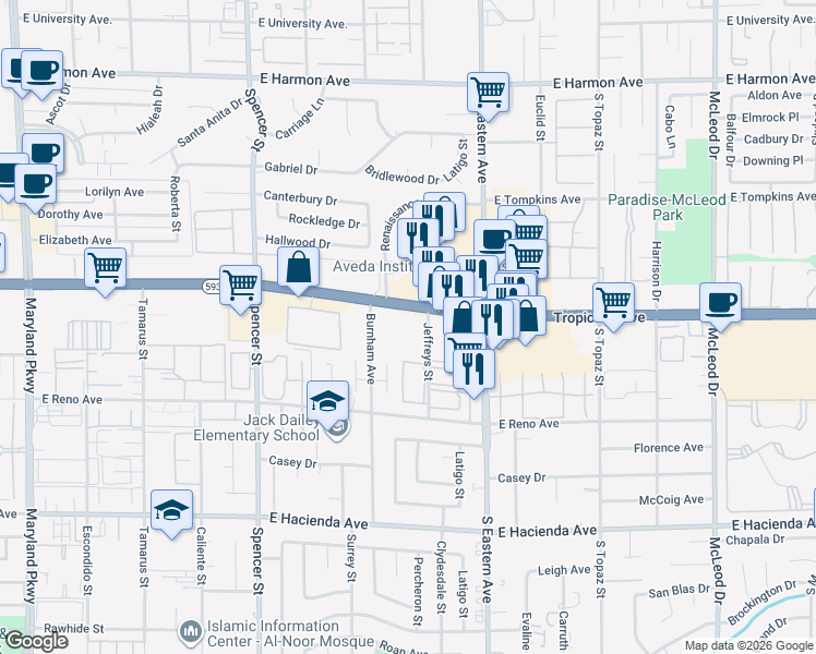 map of restaurants, bars, coffee shops, grocery stores, and more near 4955 Jeffreys Street in Las Vegas
