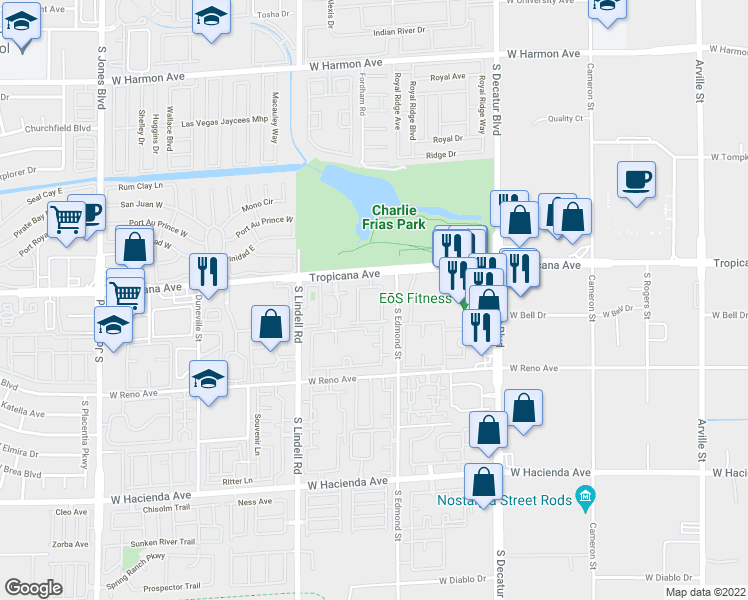 map of restaurants, bars, coffee shops, grocery stores, and more near 5275 West Tropicana Avenue in Las Vegas