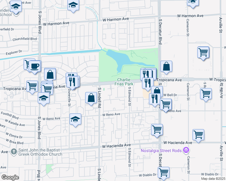 map of restaurants, bars, coffee shops, grocery stores, and more near 5419 West Tropicana Avenue in Las Vegas