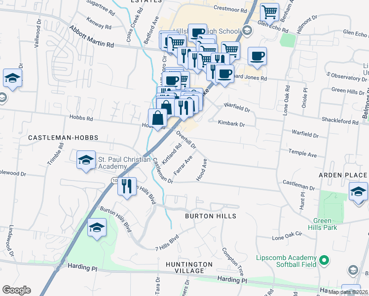 map of restaurants, bars, coffee shops, grocery stores, and more near 4202 Farrar Avenue in Nashville