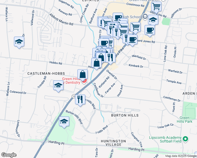 map of restaurants, bars, coffee shops, grocery stores, and more near 4231 Kirtland Road in Nashville