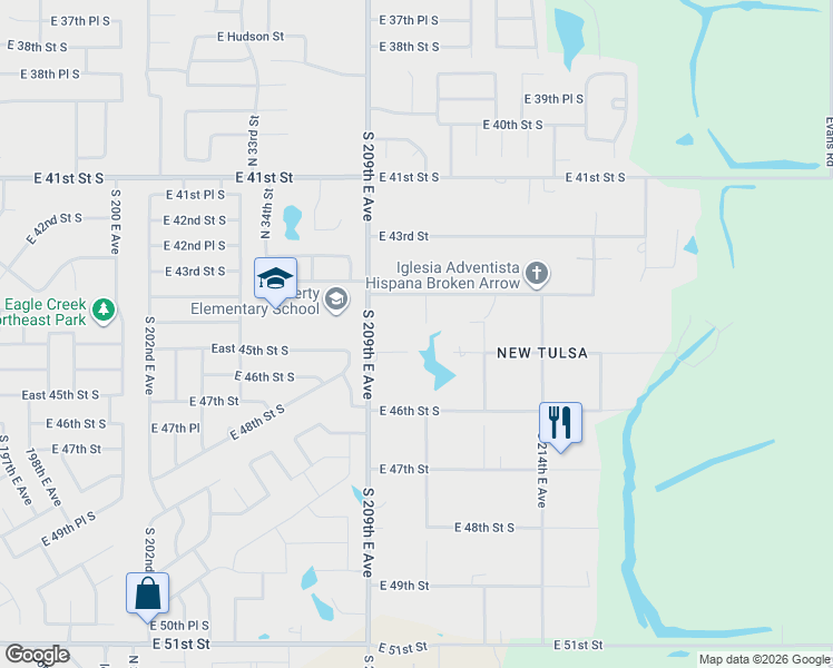 map of restaurants, bars, coffee shops, grocery stores, and more near 21060 East 45th Street South in Broken Arrow