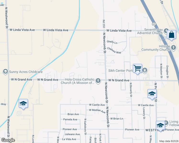 map of restaurants, bars, coffee shops, grocery stores, and more near 1868 North Rose Street in Porterville