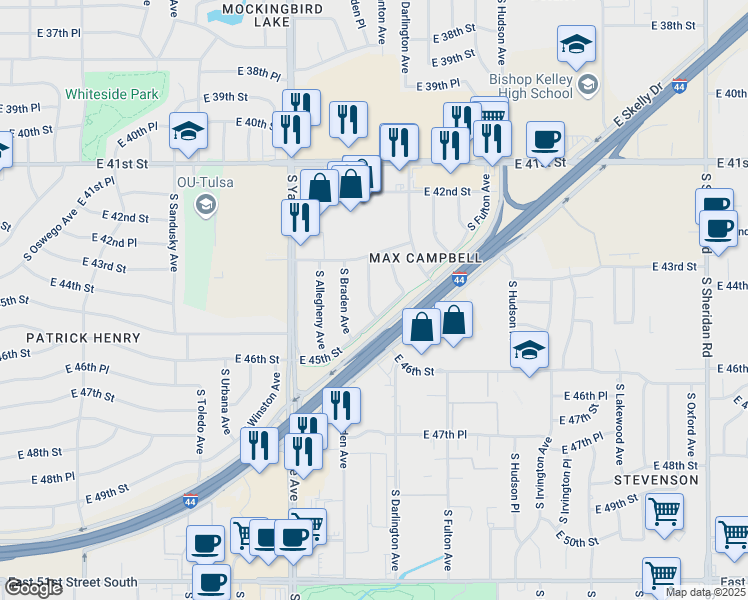 map of restaurants, bars, coffee shops, grocery stores, and more near 4347 South Braden Place in Tulsa