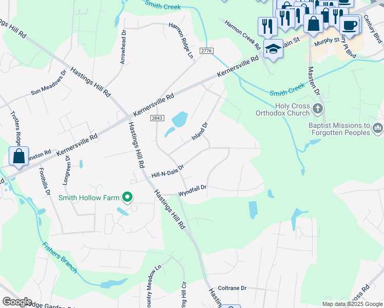 map of restaurants, bars, coffee shops, grocery stores, and more near 7019 Hill N Dale Drive in Kernersville