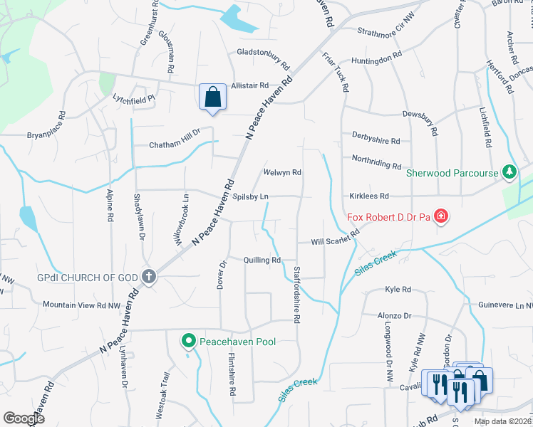 map of restaurants, bars, coffee shops, grocery stores, and more near 4820 Winchelsea Road in Winston-Salem