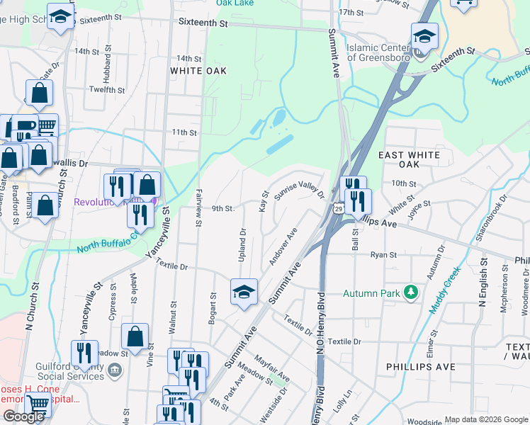 map of restaurants, bars, coffee shops, grocery stores, and more near 1505 Village Crest Drive in Greensboro