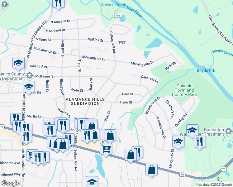 map of restaurants, bars, coffee shops, grocery stores, and more near 2514 Dare Street in Burlington