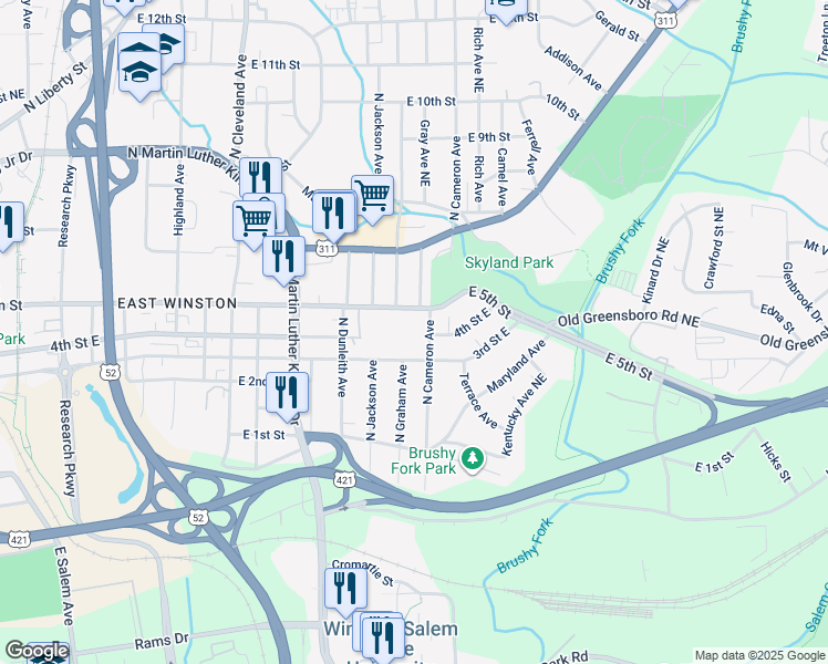 map of restaurants, bars, coffee shops, grocery stores, and more near 1635 East 5th Street in Winston-Salem